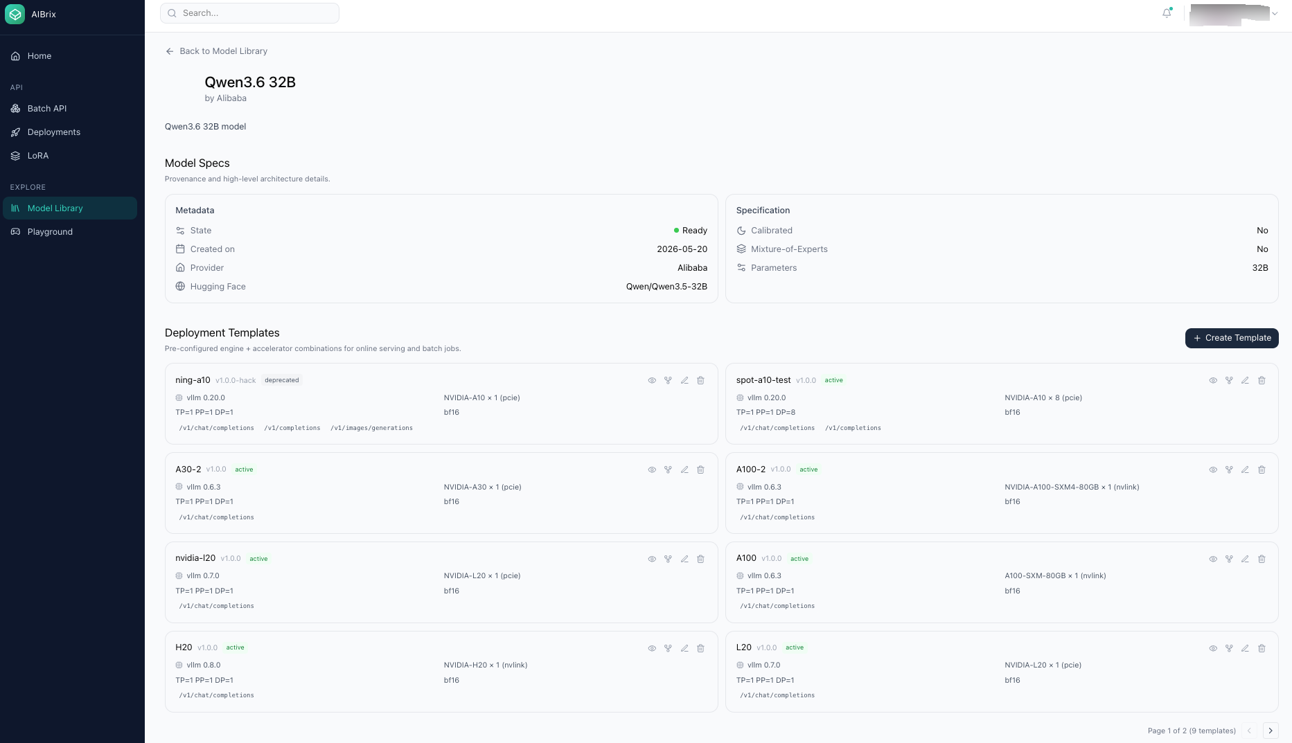 Console — model deployment